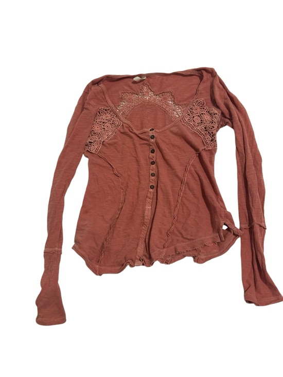 Free People Tops - Free People Dusty Rust Crochet Yoke Button-Front Long Sleeve Tee